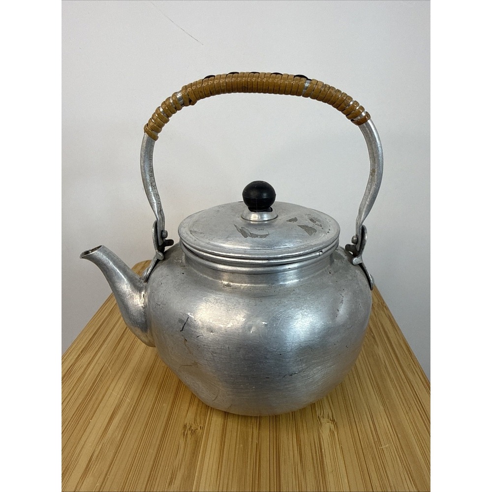 Vtg. Small Aluminum Teapot, Made in Japan, Black Knob on Lid, 5" W w/Spout